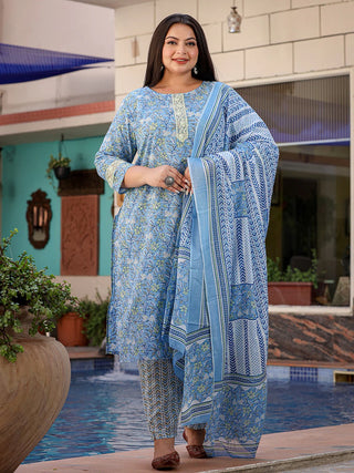 Blue Cotton Floral Print & Thread Work Detailing Straight Shape Suit Set with Voile Dupatta