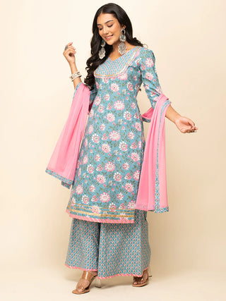 Blue Cotton Floral Print & Lace Detailing Suit Set with Nazmin Dupatta