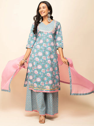 Blue Cotton Floral Print & Lace Detailing Suit Set with Nazmin Dupatta