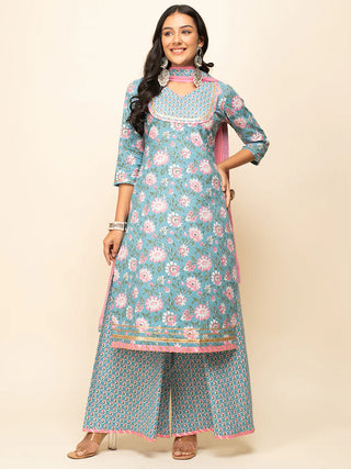 Blue Cotton Floral Print & Lace Detailing Suit Set with Nazmin Dupatta