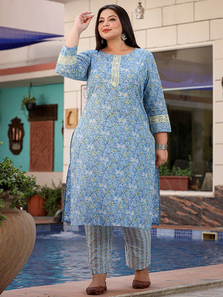 Blue Cotton Floral Print & Thread Work Detailing Straight Shape Suit Set with Voile Dupatta