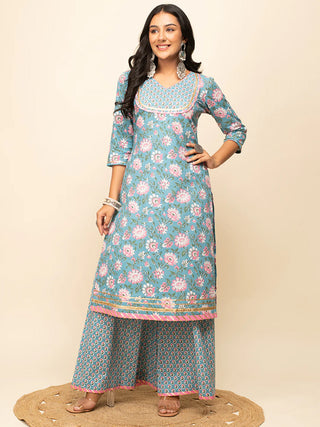 Blue Cotton Floral Print & Lace Detailing Suit Set with Nazmin Dupatta