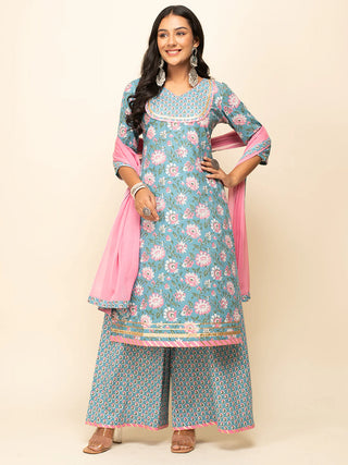 Blue Cotton Floral Print & Lace Detailing Suit Set with Nazmin Dupatta