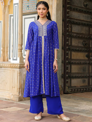 Royal Blue Georgette Embellished Gold Print Front Slit Kurta Bottom Set