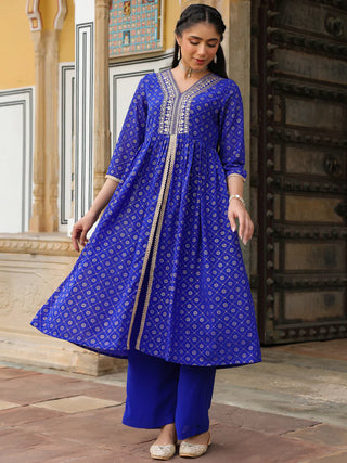 Royal Blue Georgette Embellished Gold Print Front Slit Kurta Bottom Set