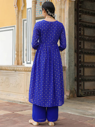 Royal Blue Georgette Embellished Gold Print Front Slit Kurta Bottom Set