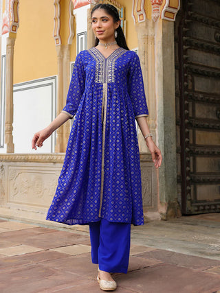Royal Blue Georgette Embellished Gold Print Front Slit Kurta Bottom Set