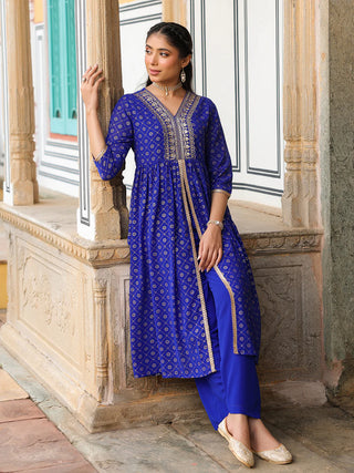 Royal Blue Georgette Embellished Gold Print Front Slit Kurta Bottom Set