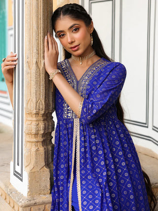 Royal Blue Georgette Embellished Gold Print Front Slit Kurta Bottom Set