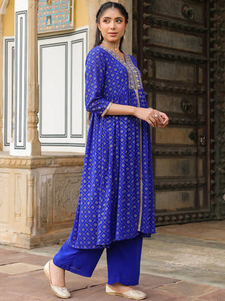 Royal Blue Georgette Embellished Gold Print Front Slit Kurta Bottom Set