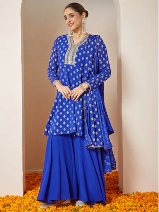Rayol Blue Georgette Foil Print A-LIne Sharara Set with Chiffon Dupatta