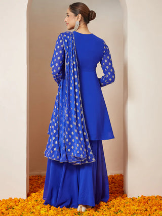 Rayol Blue Georgette Foil Print A-LIne Sharara Set with Chiffon Dupatta