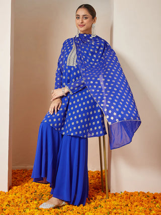 Rayol Blue Georgette Foil Print A-LIne Sharara Set with Chiffon Dupatta