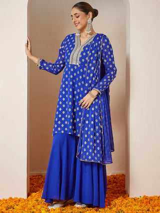Rayol Blue Georgette Foil Print A-LIne Sharara Set with Chiffon Dupatta