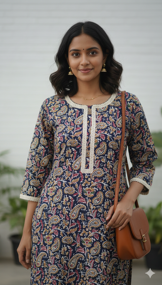 Blue Cotton Kalamkari work and Lace Detailing Straight Shape Kurta