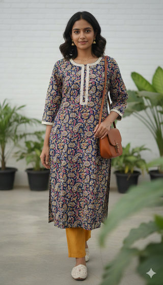 Blue Cotton Kalamkari work and Lace Detailing Straight Shape Kurta