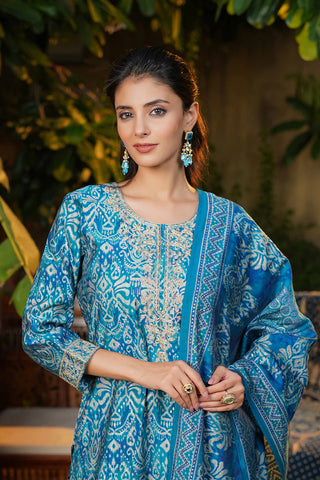 Blue Silk Blend Ikat Print Straight Shape Suit Set with Dupatta