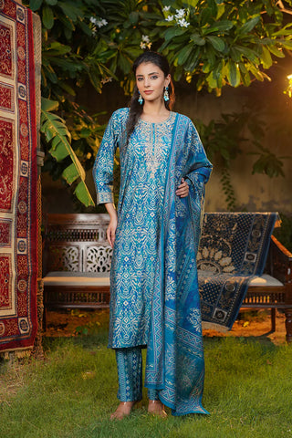 Blue Silk Blend Ikat Print Straight Shape Suit Set with Dupatta
