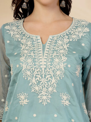 Teal Blue Organza Thread Work Embroidered Short Kurta
