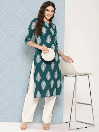 Viscose Rayon Teal Blue Paisley Print Straight Cut Kurta