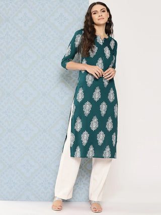 Viscose Rayon Teal Blue Paisley Print Straight Cut Kurta