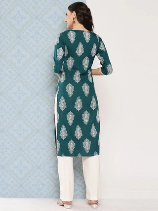 Viscose Rayon Teal Blue Paisley Print Straight Cut Kurta