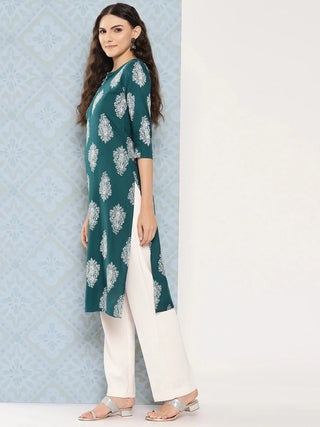 Viscose Rayon Teal Blue Paisley Print Straight Cut Kurta