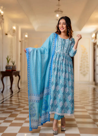 Blue Viscose Print & Embroidered Anarkali Suit Set with Chanderi Cotton Dupatta