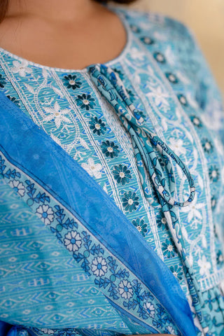 Blue Viscose Print & Embroidered Anarkali Suit Set with Chanderi Cotton Dupatta