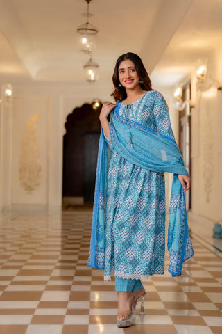 Blue Viscose Print & Embroidered Anarkali Suit Set with Chanderi Cotton Dupatta