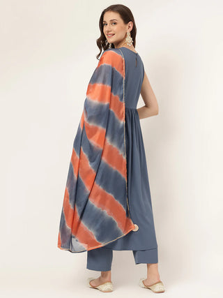 Blue Soli Poly Crepe A Line Suit Set with Tie Dye Chinon Dupatta