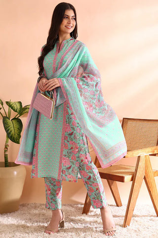 Turquoise Blue Rayon Blend Floral Print Straight Shape Kurta with Cotton Blend Trouser & Dupatta