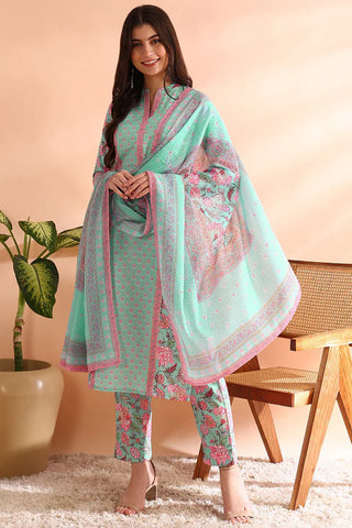 Turquoise Blue Rayon Blend Floral Print Straight Shape Kurta with Cotton Blend Trouser & Dupatta