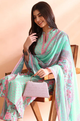 Turquoise Blue Rayon Blend Floral Print Straight Shape Kurta with Cotton Blend Trouser & Dupatta