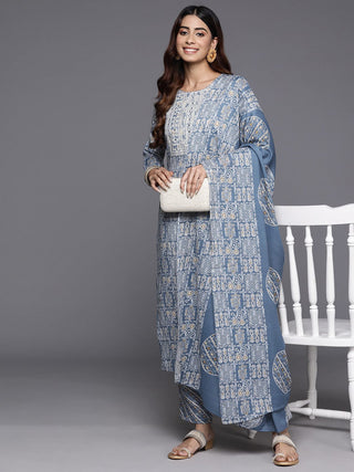 Blue Cotton Blend Abstract Print & Embroidered Suit Set with Dupatta