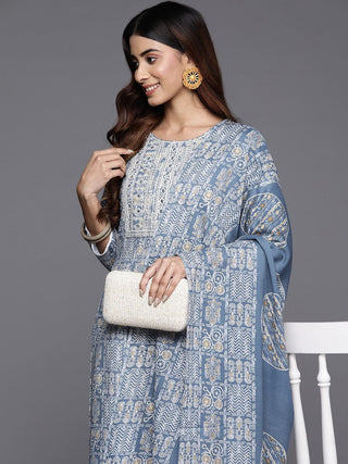 Blue Cotton Blend Abstract Print & Embroidered Suit Set with Dupatta