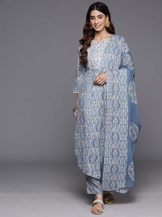 Blue Cotton Blend Abstract Print & Embroidered Suit Set with Dupatta