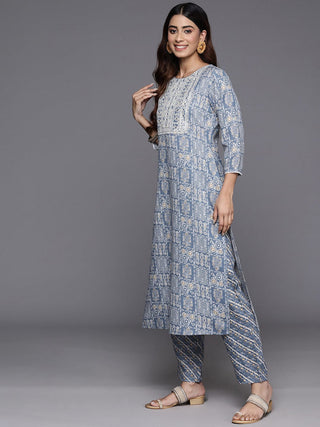 Blue Cotton Blend Abstract Print & Embroidered Suit Set with Dupatta