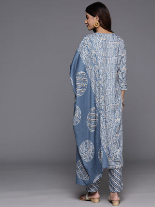 Blue Cotton Blend Abstract Print & Embroidered Suit Set with Dupatta