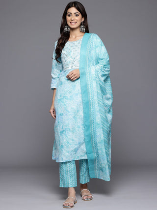 Blue Cotton Blend Floral Print & Embroidered Suit Set with Dupatta