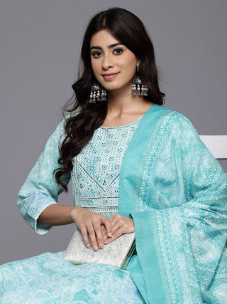 Blue Cotton Blend Floral Print & Embroidered Suit Set with Dupatta