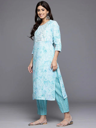 Blue Cotton Blend Floral Print & Embroidered Suit Set with Dupatta