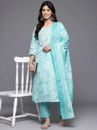 Blue Cotton Blend Floral Print & Embroidered Suit Set with Dupatta