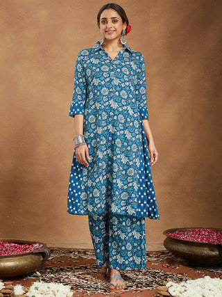 Blue Cotton A Line Floral Print Kurta Bottom Set