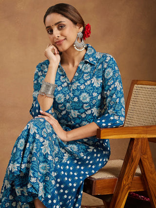 Blue Cotton A Line Floral Print Kurta Bottom Set
