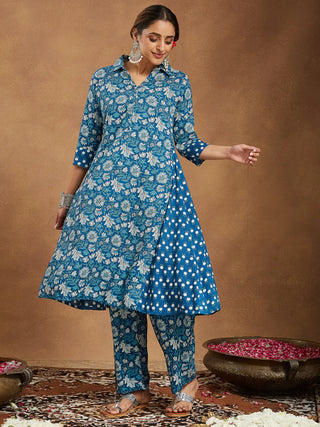 Blue Cotton A Line Floral Print Kurta Bottom Set