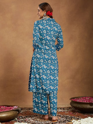 Blue Cotton A Line Floral Print Kurta Bottom Set