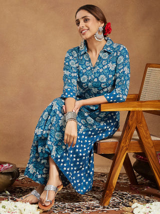Blue Cotton A Line Floral Print Kurta Bottom Set