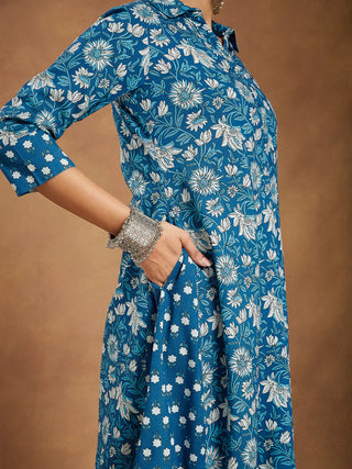 Blue Cotton A Line Floral Print Kurta Bottom Set