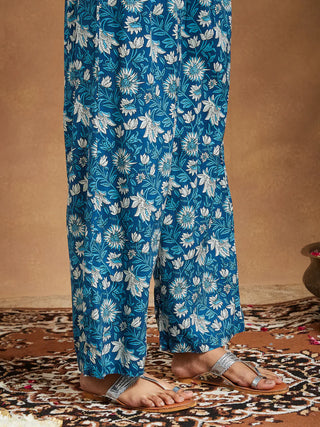 Blue Cotton A Line Floral Print Kurta Bottom Set